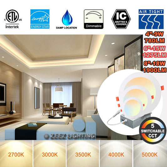 ZEEZ Lighting - 4-Inch 9W 780LM  6-Inch 15W 1275LM  8-Inch 18W 1900LM Selectable 5CCT Dimmable LED Recessed Light Canless Ceiling Panel Downlight w Junction Box ETL Listed