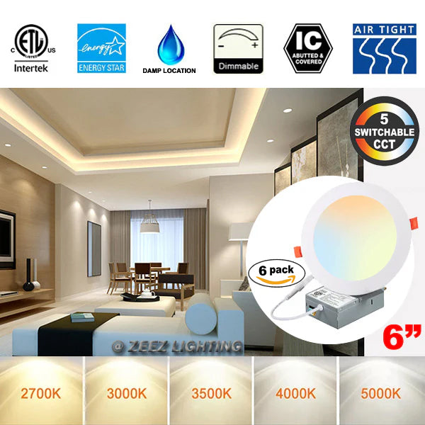 ZEEZ Lighting - 4-Inch 9W 780LM / 6-Inch 15W 1275LM / 8-Inch 18W 1900LM Selectable 5CCT Dimmable LED Recessed Light Canless Ceiling Panel Downlight w/ Junction Box ETL Listed