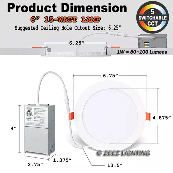 ZEEZ Lighting - 4-Inch 9W 780LM / 6-Inch 15W 1275LM / 8-Inch 18W 1900LM Selectable 5CCT Dimmable LED Recessed Ceiling Panel Light Canless Downlight w/ Junction Box ETL Listed