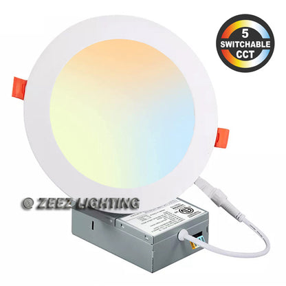 ZEEZ Lighting - 4-Inch 9W 780LM / 6-Inch 15W 1275LM / 8-Inch 18W 1900LM Selectable 5CCT Dimmable LED Recessed Ceiling Panel Light Canless Downlight w/ Junction Box ETL Listed