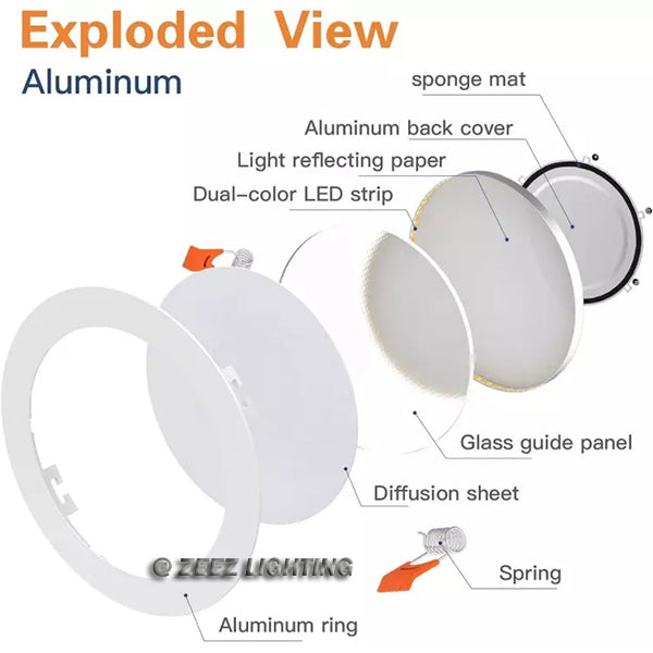 ZEEZ Lighting - 4-Inch 9W 780LM / 6-Inch 15W 1275LM / 8-Inch 18W 1900LM Selectable 5CCT Dimmable LED Recessed Ceiling Panel Light Canless Downlight w/ Junction Box ETL Listed