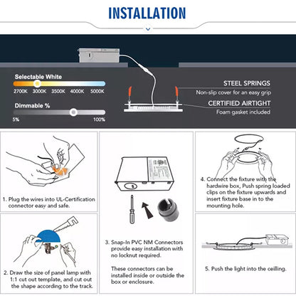 ZEEZ Lighting - 4-Inch 9W 780LM / 6-Inch 15W 1275LM / 8-Inch 18W 1900LM Selectable 5CCT Dimmable LED Recessed Ceiling Panel Light Canless Downlight w/ Junction Box ETL Listed