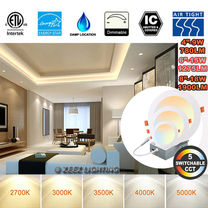 ZEEZ Lighting - 4-Inch 9W 780LM / 6-Inch 15W 1275LM / 8-Inch 18W 1900LM Selectable 5CCT Dimmable LED Recessed Ceiling Panel Light Canless Downlight w/ Junction Box ETL Listed